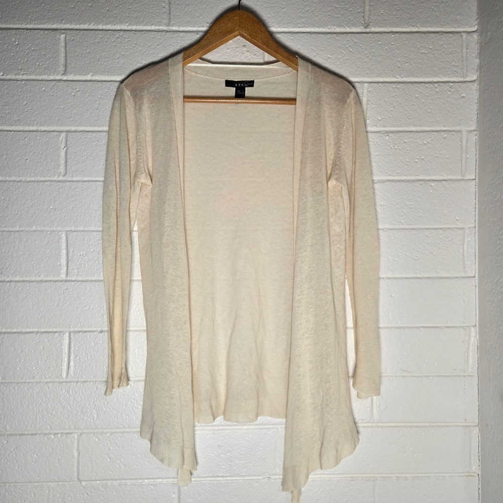 MNG Linen Cardigan Medium Cream Open Front Waterfall Knit Sweater Lagenlook